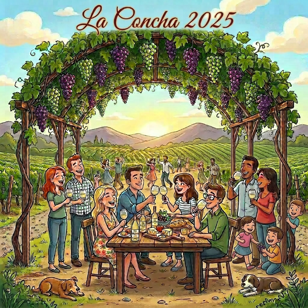 Group of friends tasting wine at vineyard table under grapevine arch